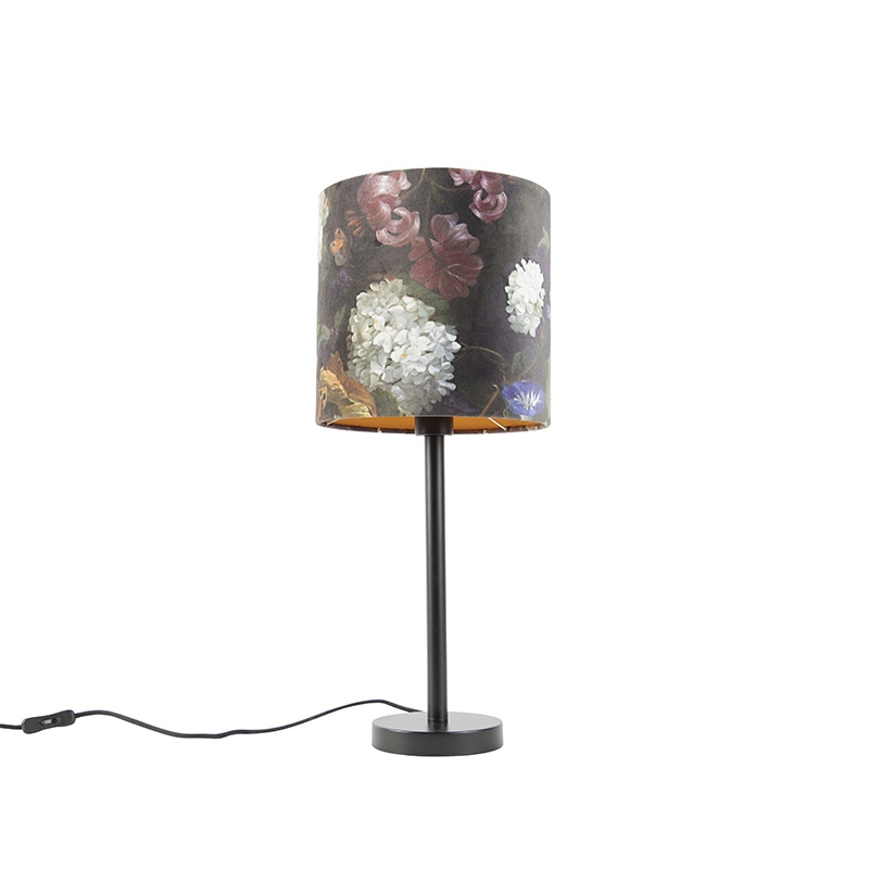 Romantická stolní lampa černá s květinovým odstínem