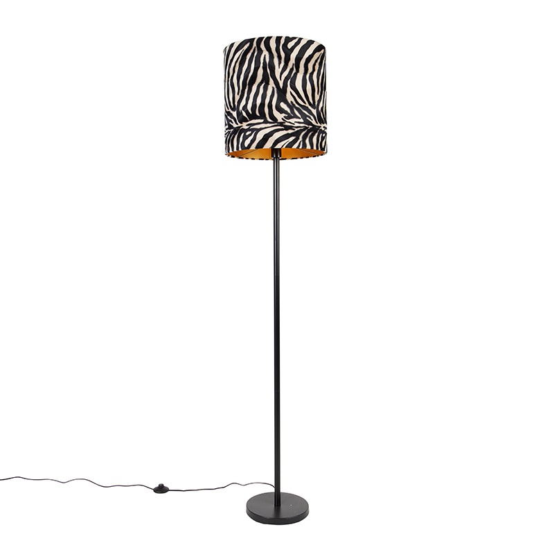 Moderní stojací lampa černé látkové stínítko zebra