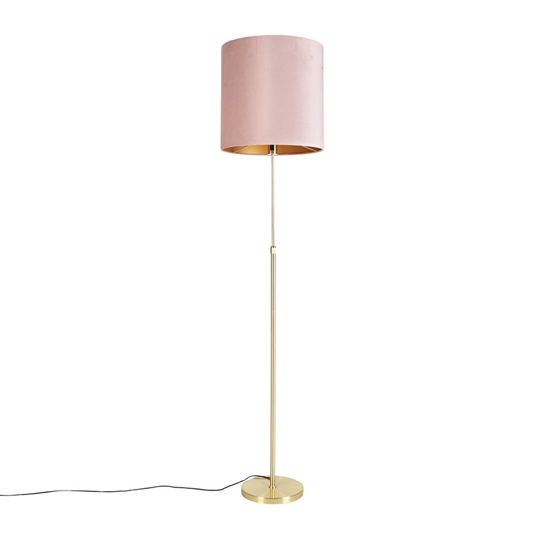Stojací lampa zlatá / mosazná s růžovým sametovým