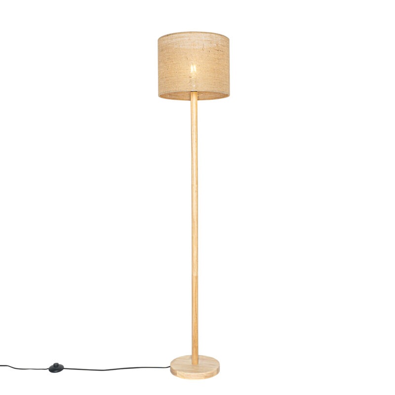 Venkovská stojací lampa dřevěná s lněným stínidlem
