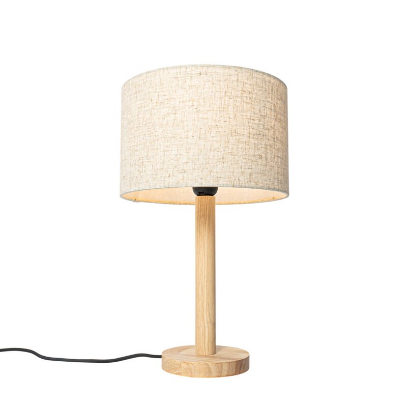 Venkovská stolní lampa dřevěná s lněným stínidlem