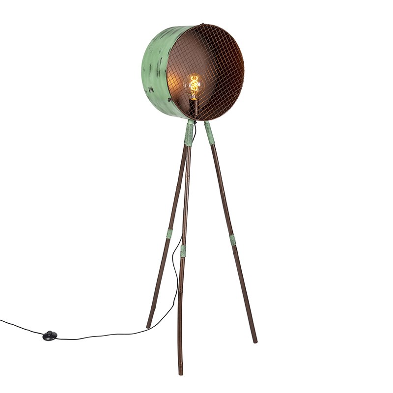 Vintage stojací lampa na bambusovém stativu zelená