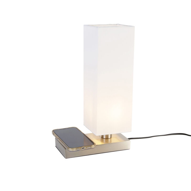 Ocelová stolní lampa s bílým stínidlem s dotykovou
