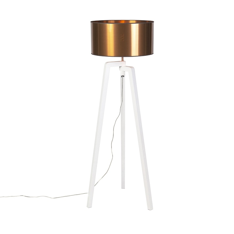 Designová stojací lampa bílá s měděným stínidlem