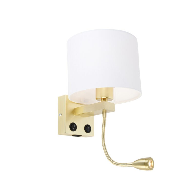 Nástěnná lampa zlatá s USB a stínidlem bílá