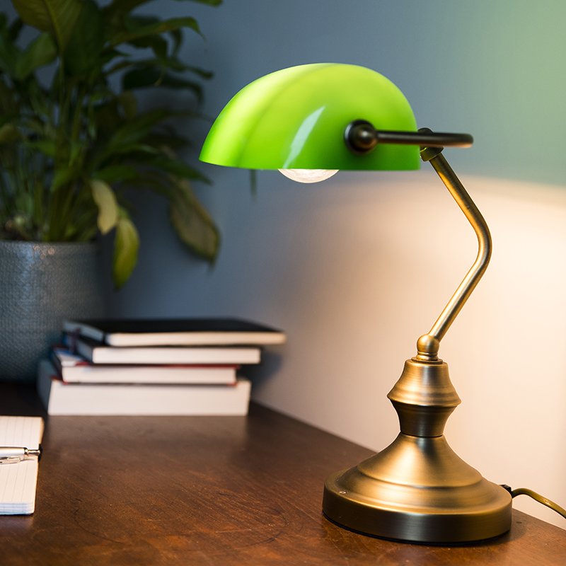 Klasická stolní lampa/notářka bronzová se zeleným