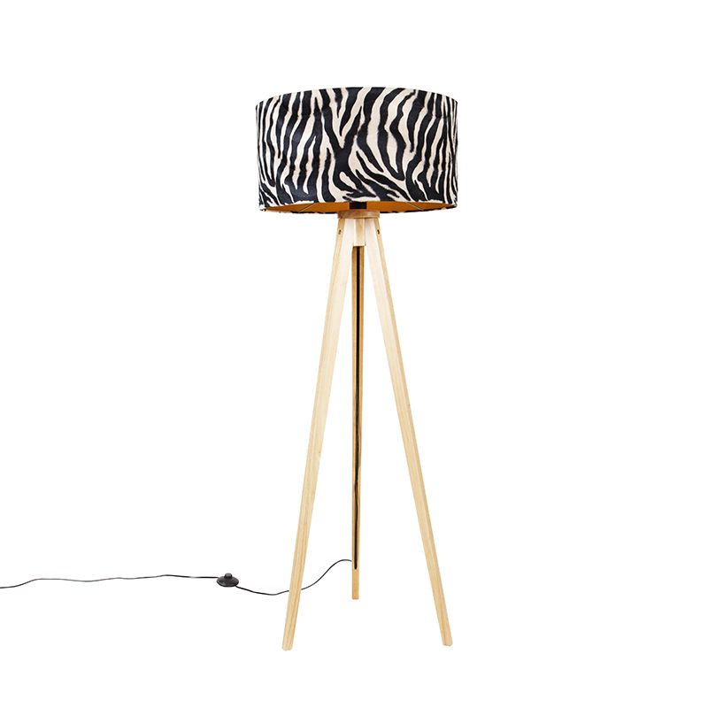 Stojací lampa dřevěná s látkovým stínidlem zebra