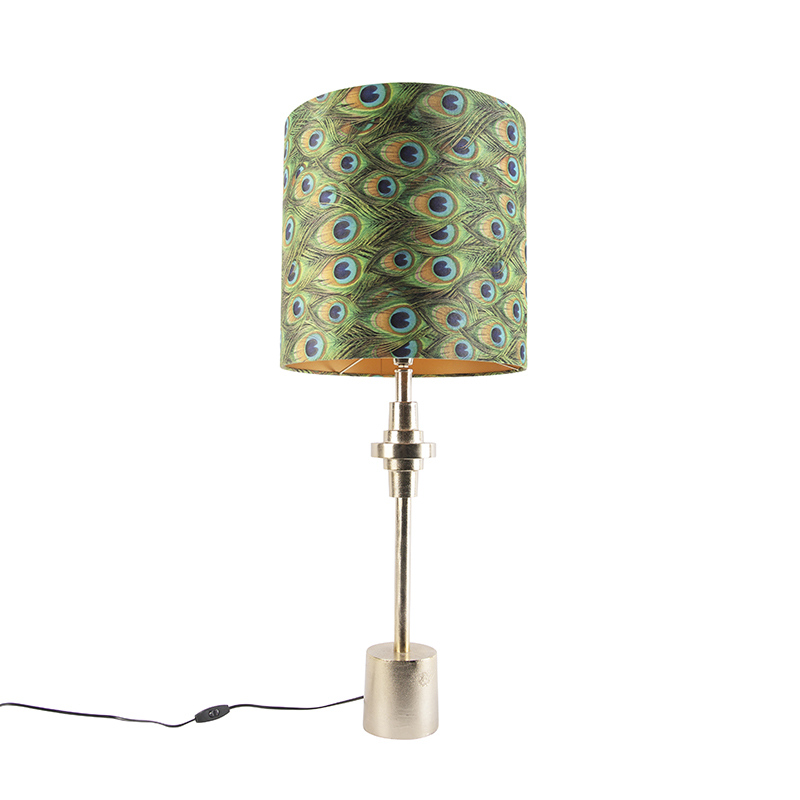 Art Deco stolní lampa zlatý sametový odstín páv