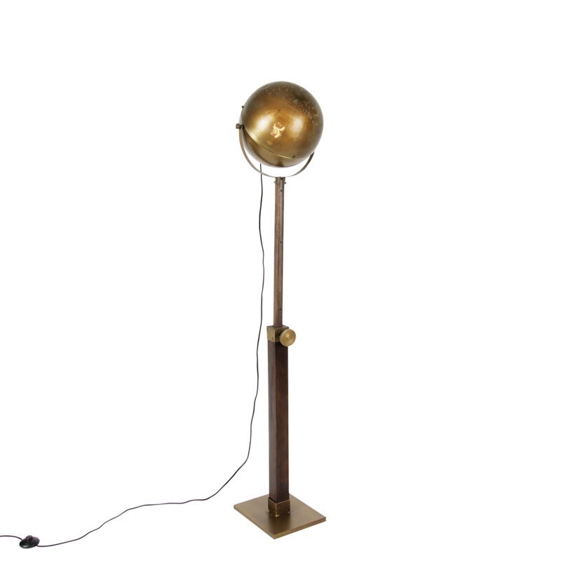 Průmyslová stojací lampa bronzová se dřevem